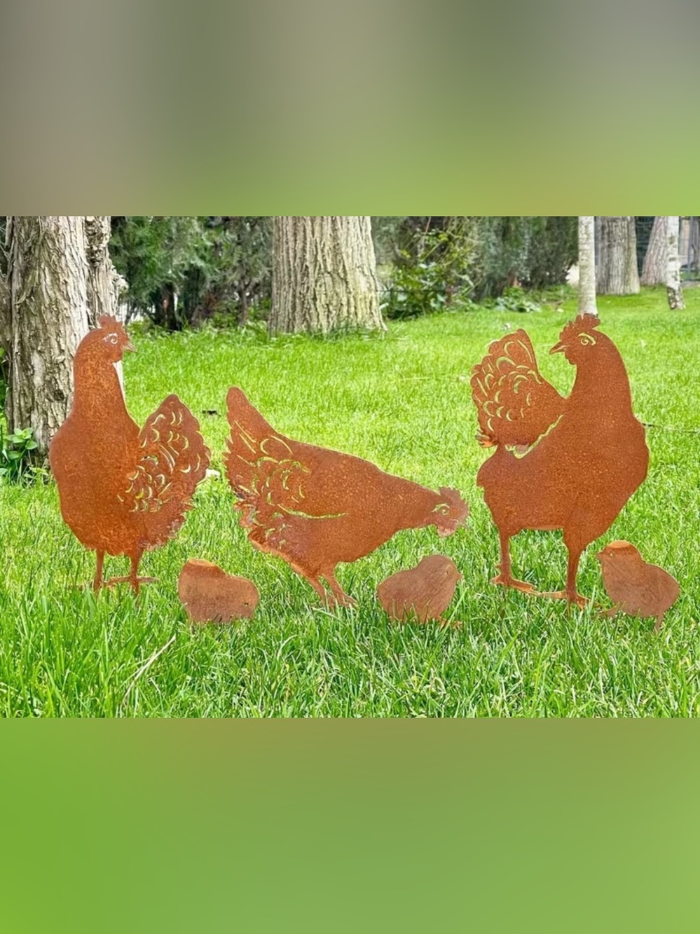 Rusty Metal Chicken Garden Stakes - Set of 5